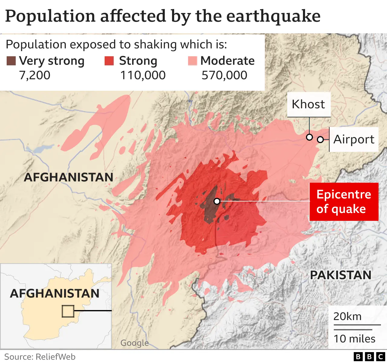 Map of population affected by the quake