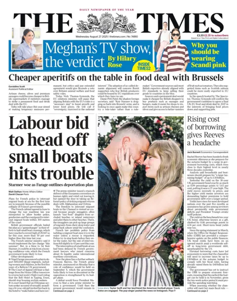 The headline on the front page of the Times reads: "Labour bid to head off small boats hits trouble". 