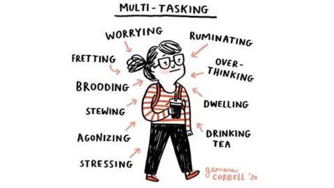 Gemma Correll A woman walks with a smile and coffee cup in hand while words such as 'over-thinking', 'brooding', 'fretting', 'stressing' surround her