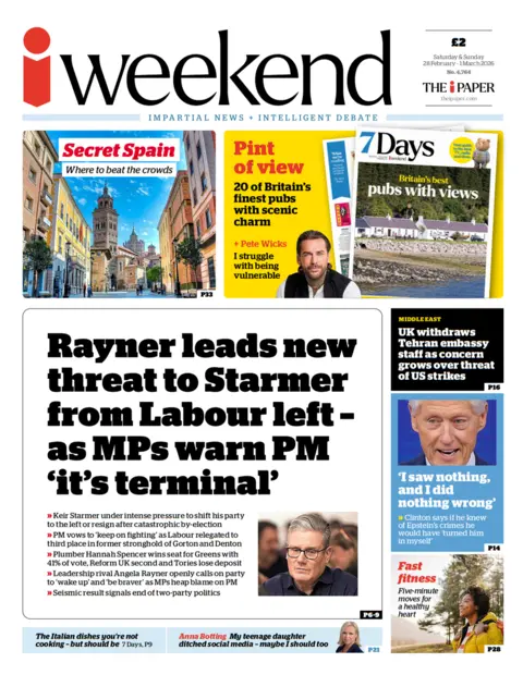 The headline on the front page of the i Weekend reads: "Rayner leads new threat to Starmer from Labour left - as MPs warn PM 'it's terminal'".