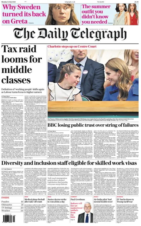The headline on the front page of the Daily Telegraph reads: “Tax raid looms for middle classes”.
