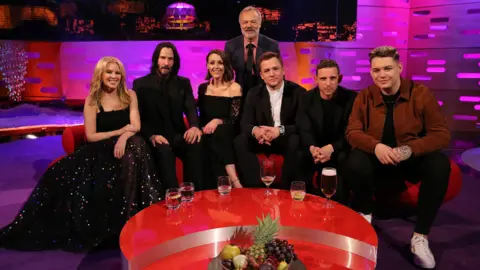 PA Michael Rice (far right) with Keanu Reeves, Keanu Reeves, Suranne Jones, Graham Norton, Taron Egerton and Jamie Bell