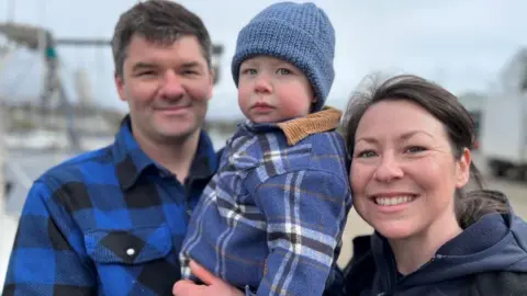 BBC Fishing Callum Elliott, fiancé Lisa MacInnes and son Angus/Photo of guest