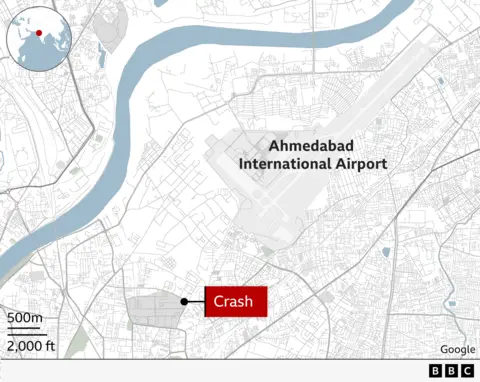 A map of showing where the plane took off and where it crashed
