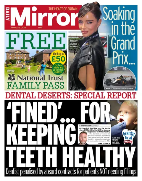The Daily Mirror front page with a special report on "dental deserts" as it launches a campaign called "Dentists for All". 