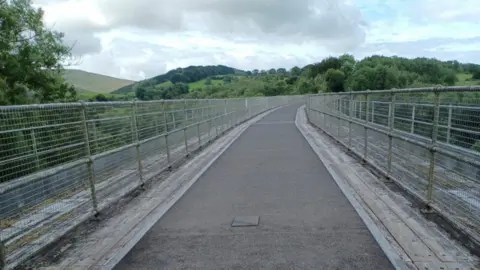 Devon County Council Image shows a viaduct converted for use as a cycling route with metal barriers on either side. It is surrounded by hills and trees in the Devon countryside