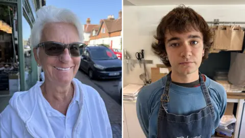 Keir Mackenzie / BBC Left: A woman wearing a white jumper standing in a street. Right: A man standing in a shop wearing a blue top and apron. 