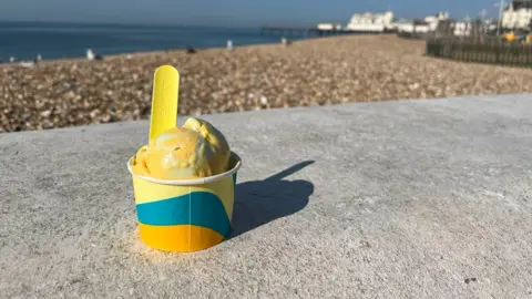 A slightly melted scoop of ice cream sits on a walls with a sunny beach behind.