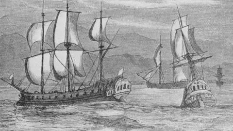 Getty Images A black and white drawing depicting three large ships.
