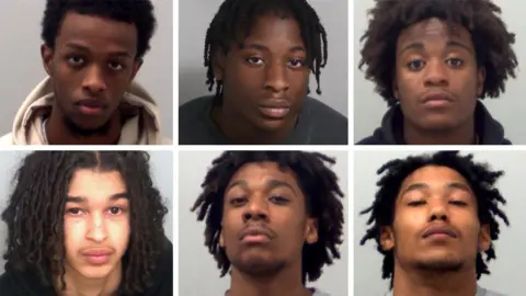 Essex Police A composite image of six young males photographed for police custody mugshots. They all look young and serious in their expression. Clockwise from the top left is Hamza Dinbil, Isaac Bello, Michael King, Mekai Brown, Lucas Braga and Tyler Omo-Irogho.