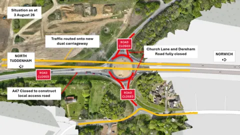 National Highways A map details the new road layout at the Easton roundabout west of Norwich.