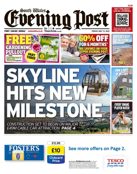 South Wales Evening Post Front page of the South Wales Evening Post. The headline reads 'Skyline hits new milestone'.