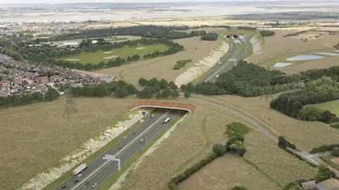 National Highways Artist's impression of the Thames Crossing showing the road going through a tunnel under the River Thames  