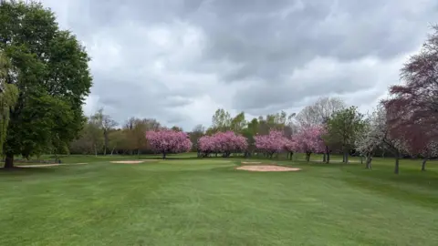Paul Purewal A golfing green with blossom trees in the background