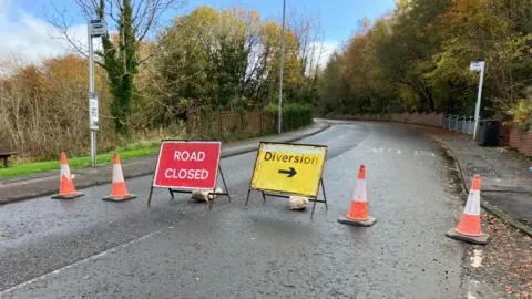 A red road closed sign, next to a yellow diversion sign and orange and white cones across a road. There are pavements and trees on both sides of the road as well as bus stops.