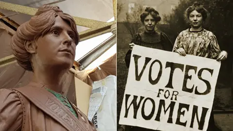 Oldham Council Annie Kenney design and picture of her with Christabel Pankhurst holding Votes for Women banner