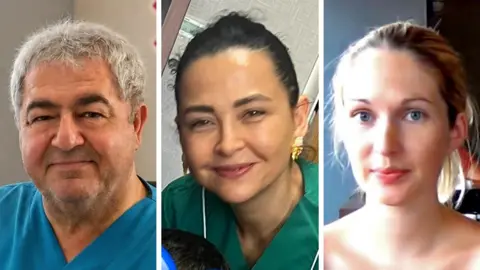 Three individual portrait photos placed side by side, showing two people in medical scrubs and one person in casual clothing, all facing the camera.
