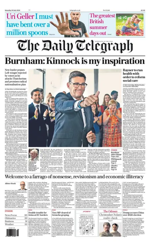 The headline on the front page of the Daily Telegraph reads: 'Burnham: Kinnock is my inspiration.'