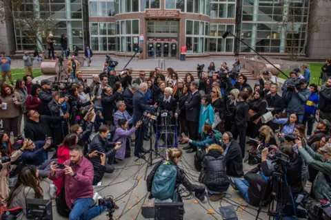 Getty Images Members of the Menendez family along with attorneys for the brothers talked with a large array of news media after the hearing 