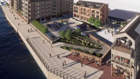 An architect's drawing of the wharf viewed from above. The river is high and there is a broad walkway along the side of it which has people walking along it. There is a public square which has trees, planters, tables and chairs. There is a small car park. The buildings are a mixture of styles. The ones in the foreground and centre look like they have a warehouse design while the ones further along the river are at least five storeys high.