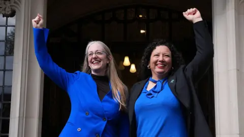 Helen Joyce (left) and Maya Forstater of 'Sex Matters' outside the Supreme Court in London.