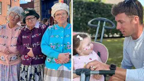 Composite image, featuring on the left three women dressed up to look like grannies. All are wearing cardigans and skirts and pulling mock grumpy faces. On the right a man in a grey t-shirt is kneeling down and looking at his young daughter, who is smiling at him