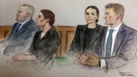 Court drawing / sketch of Wayne Rooney and Coleen Rooney, and Rebekah Vardy and Jamie Vardy, listening to evidence at the High Court. 