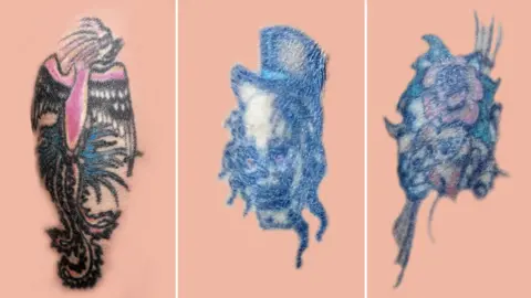Hampshire and Isle of Wight Constabulary Three individual close-up pictures of tattoos. The first is a black outlined mythical bird with bright pink and blue detail. The second is a blurry dark grey/blue outlined skull with a top hat. The final tattoo has a black outline with a red green and blue flower above a heart with ribbons.