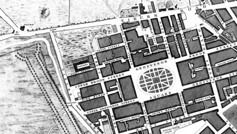 British Library detailed map in black and white showing Grosvenor Square and surrounds