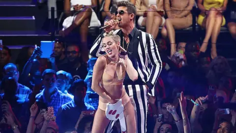 Neilson Barnard/Staff Miley Cyrus and Robin Thicke at the MTV VMA's 2013