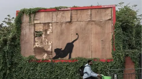 Banksy Een persoon fietst voor een graffitikunstwerk van een grote kat, uitgestrekt op een houten reclamebord