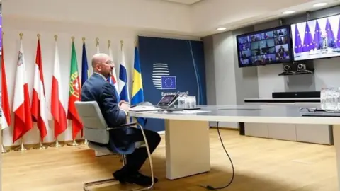 European Council EU summit chairman Charles Michel videoconferencing with leaders, 23 Apr 20