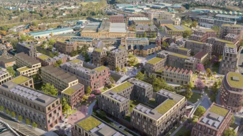 ADP Architecture An aerial view of the Shrub Hill development with greenery and high-rise buildings 