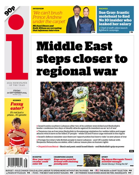 The i headline reads "Middle East steps closer to regional war" 