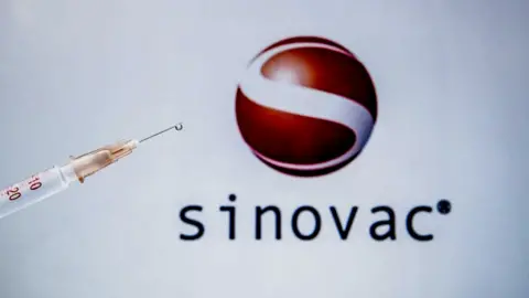 Getty Images In this photo illustration taken in Ankara, Turkey on December 28, 2020 Sinovac Biotech COVID-19 vaccine logo is displayed on a screen with a syringe in the front.