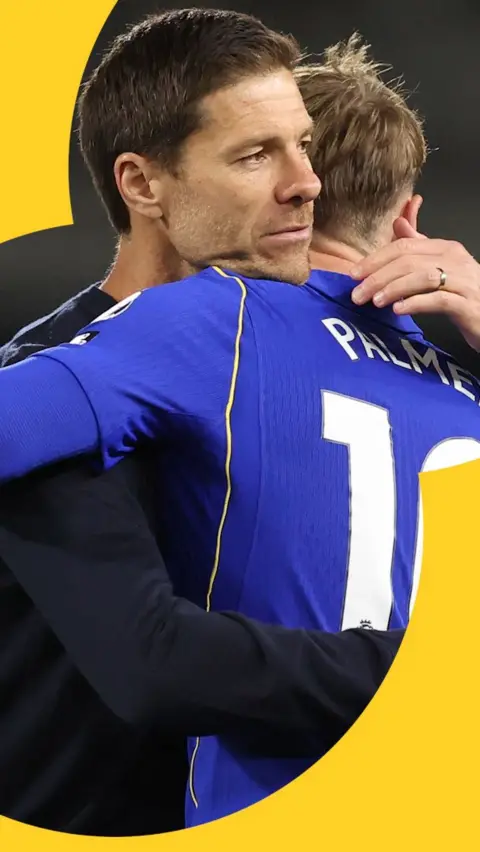 Xabi Alonso hugs Cole Palmer 