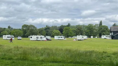 BBC Travellers site set up at Victoria Park, in Leamington