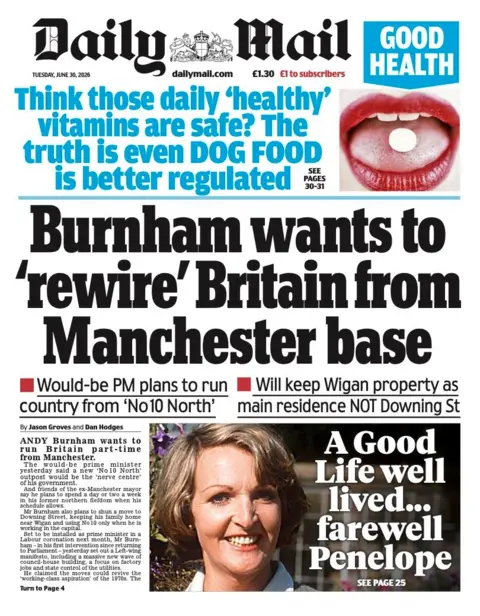 "Burnham wants to 'rewire' Britain from Manchester base" reads the headline on the front page of the Daily Mail.