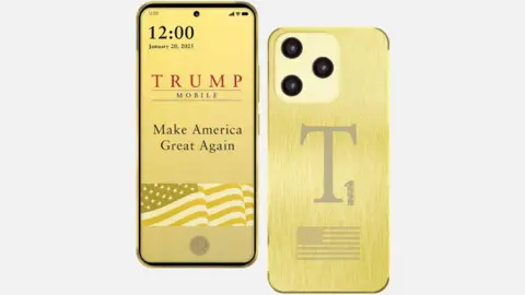 The front and back of the gold coloured Trump phone