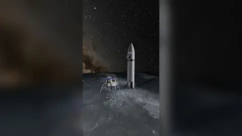 Computer generated images of lunar landers one short and spider-like (left), the other tall and rocket-shaped (right).