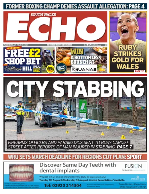 South Wales Echo South Wales Echo front page. The main headline reads: City stabbing. Firearm officers and paramedics sent to busy Cardiff street after reports of man injured in stabbing. 