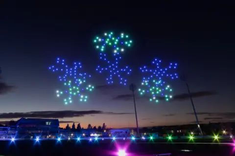 Yuup Drones forming the pattern of green and blue snow flakes in the night sky over Trent Bridge cricket ground