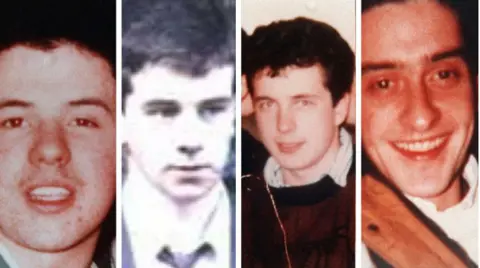 Family handouts A four photo montage of the four IRA men who were killed. They each have dark brown hair. Left to right: brown eyes and open mouth smile, brown eyes and closed mouth with tie on in black and white, half smile with maroon jumper on over blue shirt, wide smile with brown eyes, a white shirt and orange coat. 