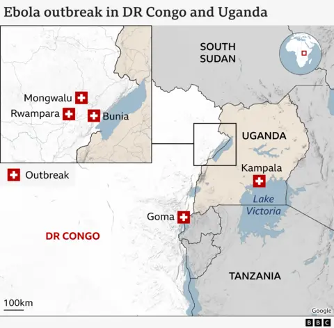 A map of DR Congo, showing Bunia, Mongwalu, Rwampara and Goma, along with neighbouring countries Uganda, South Sudan and Tanzania