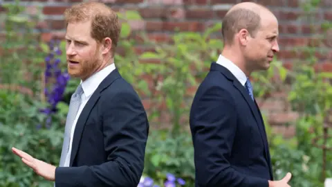 2021年7月1日、ロンドンのケンジントン宮殿のサンケン・ガーデンで母ダイアナ妃の銅像の除幕式に出席した英国のサセックス公ハリー王子（左）とケンブリッジ公ウィリアム王子。