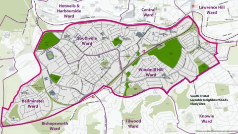 Bristol City Council A map showing the outline of the proposed South Bristol Liveable Neighbourhood.