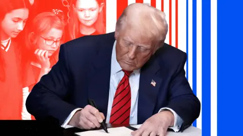 BBC Presiden AS Donald Trump menandatangani perintah eksekutif yang dikelilingi oleh anak -anak dalam ilustrasi foto dengan garis -garis merah, putih dan biru di belakangnya