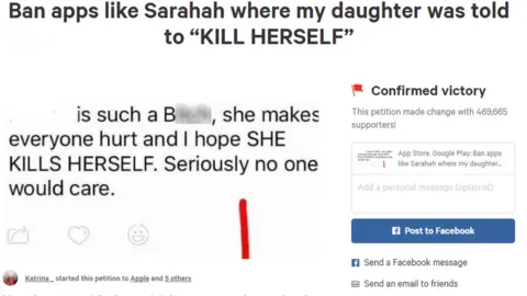 change.org Petition titled 'Ban apps like Sarahah where my daughter was told to 'KILL HERSELF''