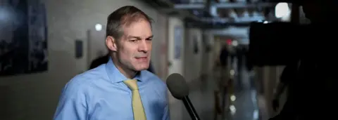 Getty Images Jim Jordan speaks to a reporter in January 2023