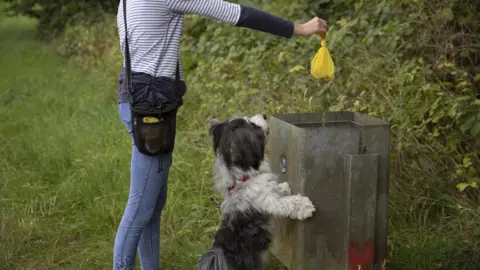 Getty Images Dog walker putting a poo bag in the bin